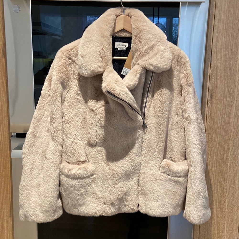 Brand new, never worn faux fur asymmetrical closure style jacket